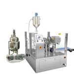 Автоматическая упаковка с предварительно изготовленным пакетом для наполнения и запайки с поршневым наполнителем для жидкости и пасты.